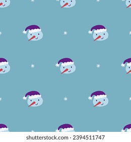 Cute snowman and snowflakes seamless pattern. Christmas and New Year concept. Hand drawn light blue vector texture for wallpaper, prints, wrapping, textile
