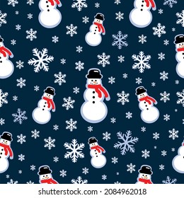 Cute Snowman and snowflakes vector seamless pattern Winter and Christmas Texture. Christmas and new year gift wrapping paper design, wallpaper, fabric or textile prints design, card or banner template