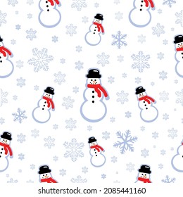 Cute Snowman and snowflakes vector seamless pattern Winter and Christmas Texture. Christmas and new year gift wrapping paper design, wallpaper, fabric or textile prints design, card or banner template