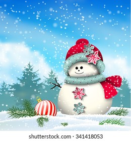 Cute snowman in snowy winter landscape, christmas winter theme, vector illustration, eps 10 with transparency and gradient meshes