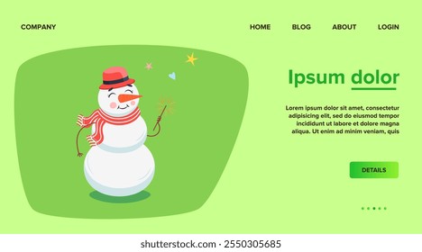 Cute snowman with sparkler vector illustration. Happy cartoon character in bowler hat and scarf on green background. New Year or Christmas landing page template. Winter, holidays concept