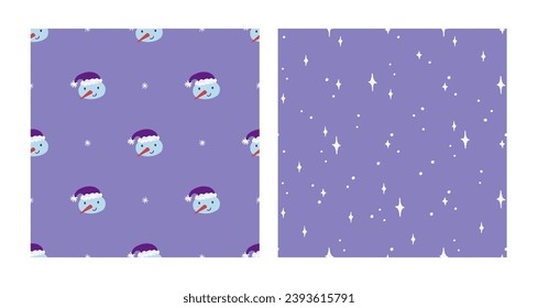 Cute snowman, sparkles seamless pattern set. Christmas and New Year concept. Hand drawn lilac trendy vector texture for wallpaper, prints, wrapping, textile