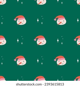 Cute snowman and sparkles seamless pattern on green background. Christmas and New Year concept. Hand drawn retro vintage vector texture for wallpaper, prints, wrapping, textile