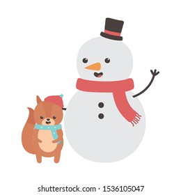 cute snowman with squirrel with scarf merry christmas vector illustration