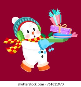 Cute snowman with a stack of presents.