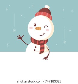 Cute snowman standing behind the white banner and showing something with finger vintage retro vector cartoon illustration