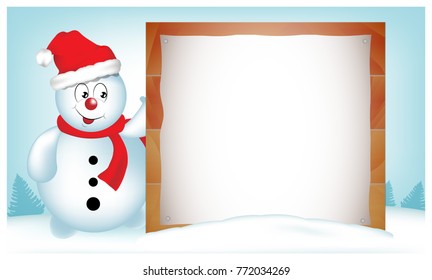 Cute  Snowman, standing next to a blank sign, advertisement banner. Layered and easy to customize. Check out my christmas set for more.
