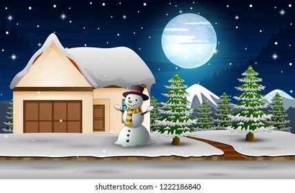 Cute snowman standing next to home in the night