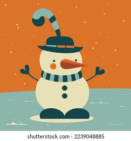 Cute snowman, standing on a glacier on the water. A snowman has a hat and a nose made of carrots