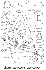 A cute snowman stands at the Christmas house. Coloring book page for kids. Cartoon style character. Vector illustration isolated on white background.