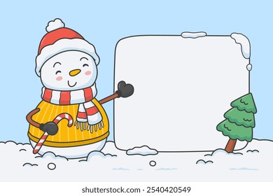 Cute snowman stands next to a blank banner