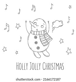 Cute snowman with stars and notes on a white background. Vector illustration in doodle style. Winter mood. Hello 2023. Merry Christmas and Happy New Year. 