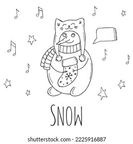 Cute snowman with stars and notes on a white background. Vector illustration in doodle style. Winter mood. Hello 2023. Merry Christmas and Happy New Year. 