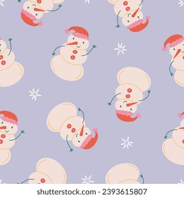 Cute snowman and stars seamless pattern. Christmas and New Year concept. Hand drawn retro vintage vector texture for wallpaper, prints, wrapping, textile