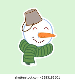 Cute Snowman sticker, with bucket and green skarf. Icon or sticker for scrapbook