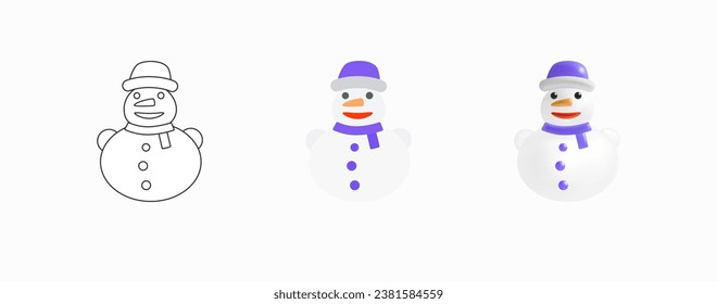 Cute Snowman Sticker Pack. Snowman in three styles - Contour, Flat, 3D. Traditional symbol of the winter season and Christmas. Design Element for Coloring Books. Icons Set. Vector Illustration