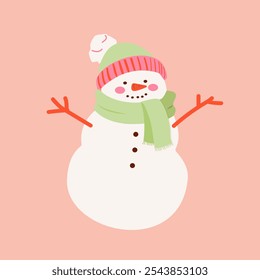 Cute snowman in in a sweater and mittens. Holiday cartoon and character in scarf and hat flat style on pink background. Print, wrapping paper, wallpaper. Merry Christmas and happy new year