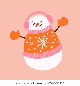 Cute snowman in in a sweater and mittens. Holiday cartoon and character in scarf and hat flat style on pink background. Print, wrapping paper, wallpaper. Merry Christmas and happy new year