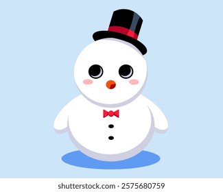 Cute snowman with top hat and bow tie. Snowman sticker. Snowman on a blue background. Winter fun. Vector illustration EPS10