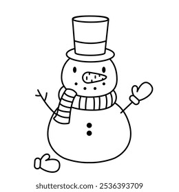 Cute snowman in a top hat. Coloring page. Vector illustration.