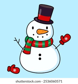 Cute snowman in top hat man. Christmas vector illustration.