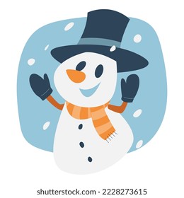 cute snowman in top hat playing snowflakes. gloves, scarf. concept of winter, christmas. for templates, greeting card, stickers, prints, stickers, etc. vector illustration