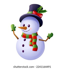 Cute snowman with top hat, scarf, emotional happy face in cartoon style isolated on white background. Christmas character, winter decoration