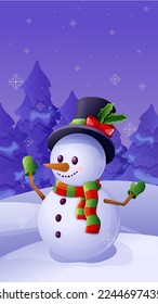 Cute snowman with top hat, scarf, emotional happy face winter evening scenery in cartoon style isolated on white background. Christmas character, winter decoration