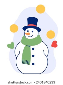 Cute snowman in top hat and scarf, flat vector illustration.