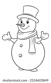 Cute snowman with a top hat and scarf, perfect for a winter-themed coloring activity for kids. Simple and joyful design to brighten holiday and winter creativity.