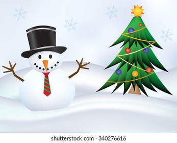 Cute snowman and top hat   tie   christmas tree and snow land