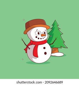 Cute snowman with tree vector icon illustration