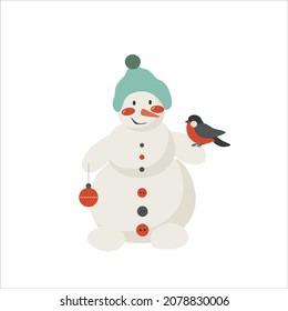 Cute snowman in a turquoise hat. Bird sits on the hand