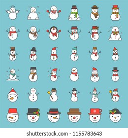 cute snowman in various design with hat, tea cup, scarf and Christmas hat, filled outline icon