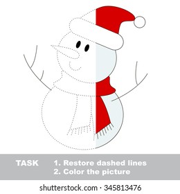 Cute snowman vector colorful to be traced. Restore dashed line and color the picture. Worksheet to be colored.