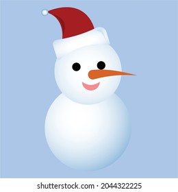 A cute snowman vector design on a blue background. Christmas design with a happy snowman. A winter snowman with neck muffler, carrot nose, and winter hat.
