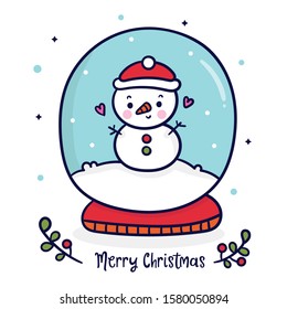 Cute Snowman vector in globe ball Christmas Character merry x mas: Kawaii cartoon winter doodle style, nursery décor, Happy New year festival snow season: Perfect kid greeting card, t-shirt print.