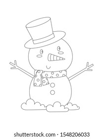 Cute snowman vector illustration isolated on white background. Christmas snowman vector cartoon colorless for coloring page. 
