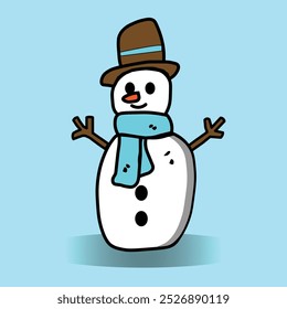 Una Ilustración vectorial linda del muñeco de nieve con una bufanda y un sombrero, aislado en un fondo azul claro. Este diseño plano es alegre y perfecto para temas de invierno y decoraciones de vacaciones