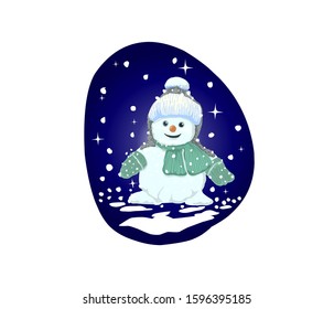 cute snowman vector illustration, snow man with snow flake in the night