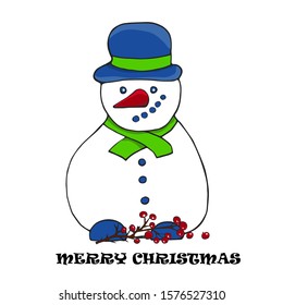 Cute snowman. Vector illustration.Christmas and New Year  greeting card.