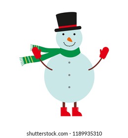 Cute snowman. Vector snowman with scarf, black hat and mittens. Winter time. 