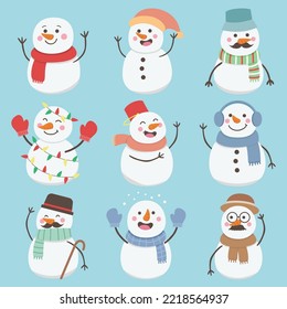 Cute snowman vector set wearing hat, scarf, gloves, and glasses