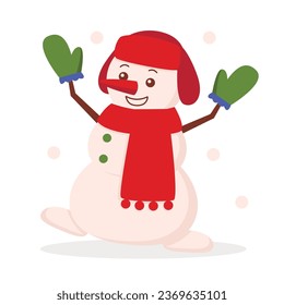 Cute snowman in a warm hat, warm scarf and mittens is having fun. Snowing. Vector graphic.