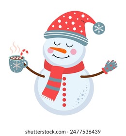 Cute snowman in warm hat, scarf and mittens holding hot mug. Cartoon winter character. Nursery art scandinavian style. 