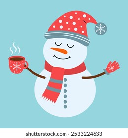 Cute snowman in warm hat and scarf holding hot coffee mug. Christmas funny winter character. Vector flat hand drawn illustration.