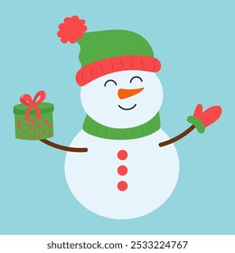 Cute snowman in warm hat, scarf and mittens holding gift box. Christmas funny winter character. Vector flat hand drawn illustration.