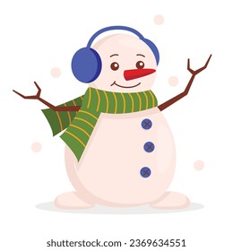 Cute snowman in a warm scarf and fur headphones. Snowing. Vector graphic.
