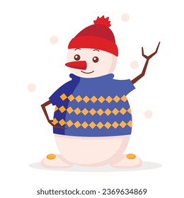 Schneemann in einem warmen Pullover und ein warmer Hut weht ihm die Hand. Schnee. Vektorgrafik.