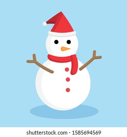 cute snowman wear a hat and scarf isolated on blue background. Vector illustration in flat design. Snowman in winter christmas symbol.